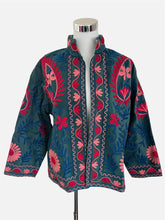 Carregar imagem no visualizador da galeria, Teal Boho Samt Suzani Jacke mit Blumen Stickerei