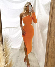 Load image into Gallery viewer, Women's ribbed one-shoulder midi knit dress with slit