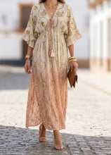 Afbeelding in Gallery-weergave laden, Damen Boho Sommer Maxikleid mit Goldstickerei