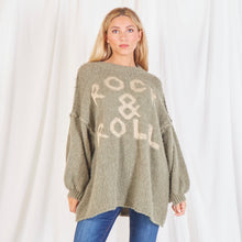 Load image into Gallery viewer, Made in Italy Strickpullover im oversized Look mit Statement ROCK & ROLL in Olive