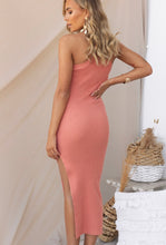 Load image into Gallery viewer, Ribbed halterneck knit dress with a curved side slit