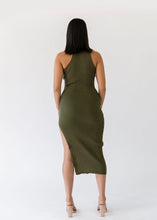 Load image into Gallery viewer, Women's knitted dress with asymmetric neckline and side slit