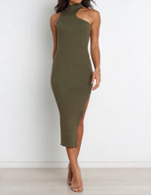 Load image into Gallery viewer, Women's knitted dress with asymmetric neckline and side slit