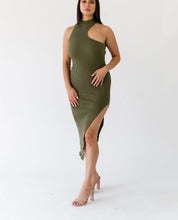 Load image into Gallery viewer, Women's knitted dress with asymmetric neckline and side slit
