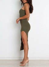 Load image into Gallery viewer, Women's knitted dress with asymmetric neckline and side slit