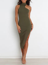 Load image into Gallery viewer, Women's knitted dress with asymmetric neckline and side slit