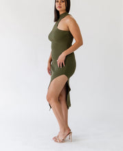 Load image into Gallery viewer, Women's knitted dress with asymmetric neckline and side slit