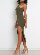 Load image into Gallery viewer, Women's knitted dress with asymmetric neckline and side slit