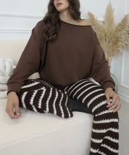 Lade das Bild in den Galerie-Viewer, Damen Herbst Winter Gestreifte Strickhose mit Gummibund - Braun / Weiß

