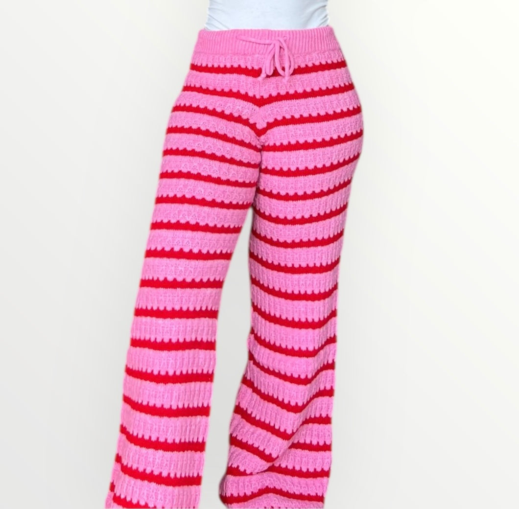 Damen Herbst Winter Gestreifte Strickhose mit Gummibund - Pink / Rot