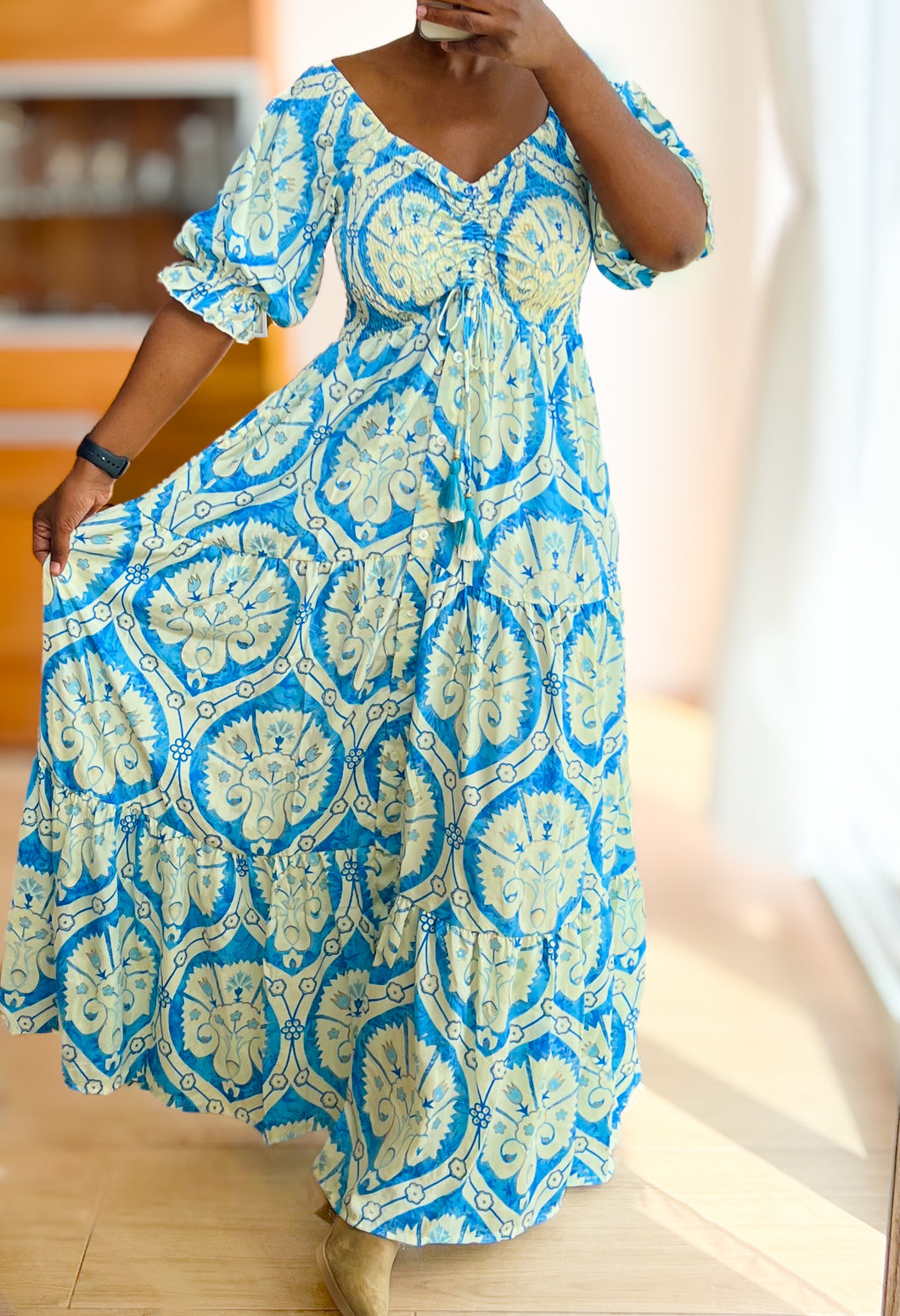 Damen Boho Seide Maxikleid