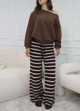 Lade das Bild in den Galerie-Viewer, Damen Herbst Winter Gestreifte Strickhose mit Gummibund - Braun / Weiß
