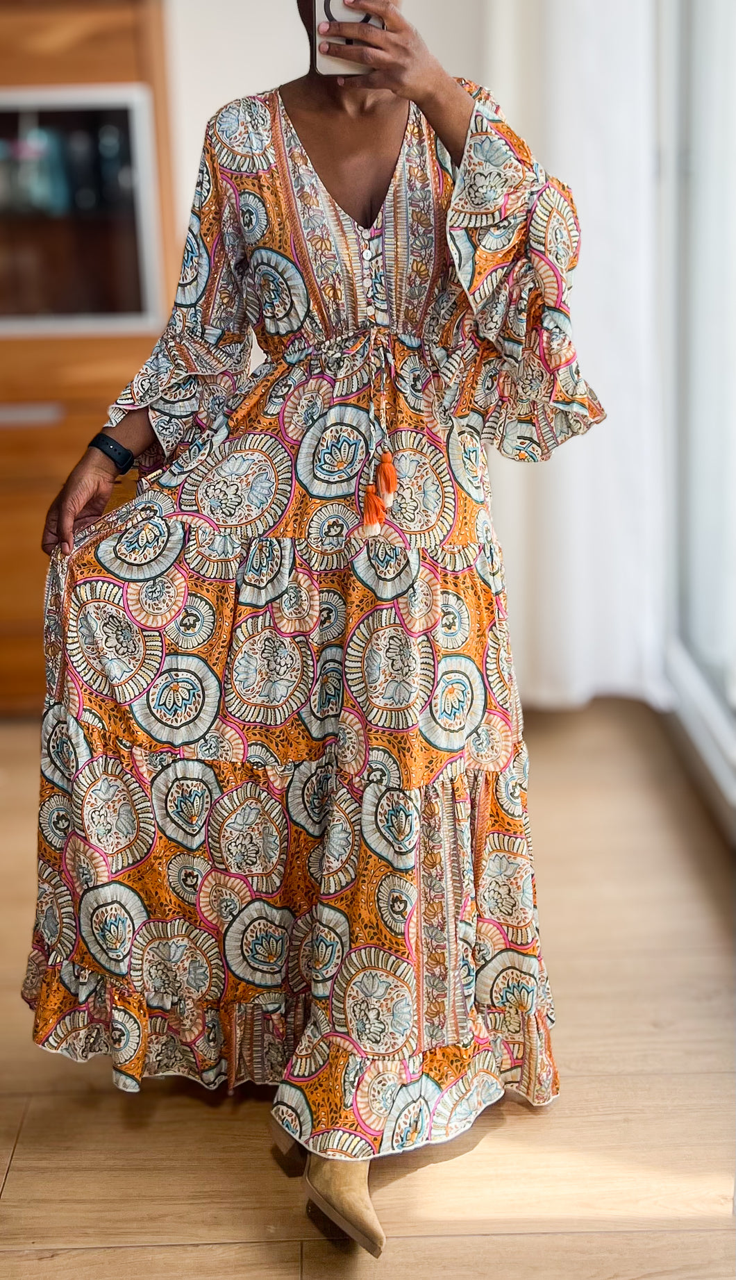 Damen Boho Seide Maxikleid