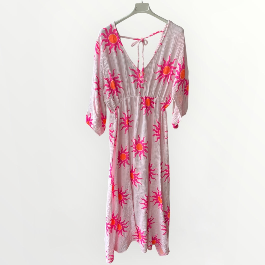 Damen Musselin Maxikleid Sonne Pink