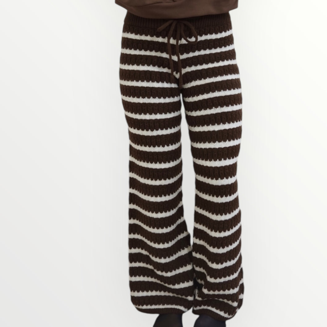 Damen Herbst Winter Gestreifte Strickhose mit Gummibund - Braun / Weiß