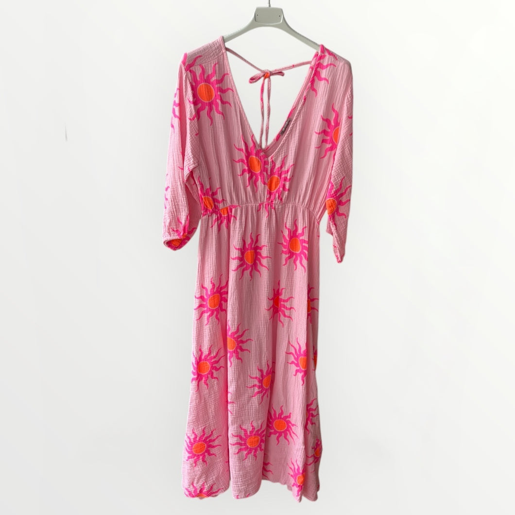 Damen Musselin Maxikleid Sonne Pink